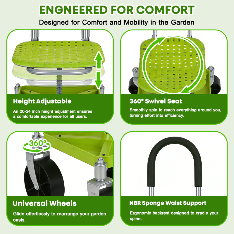 Garden Rolling Cart Seat with 360° Universal Wheels